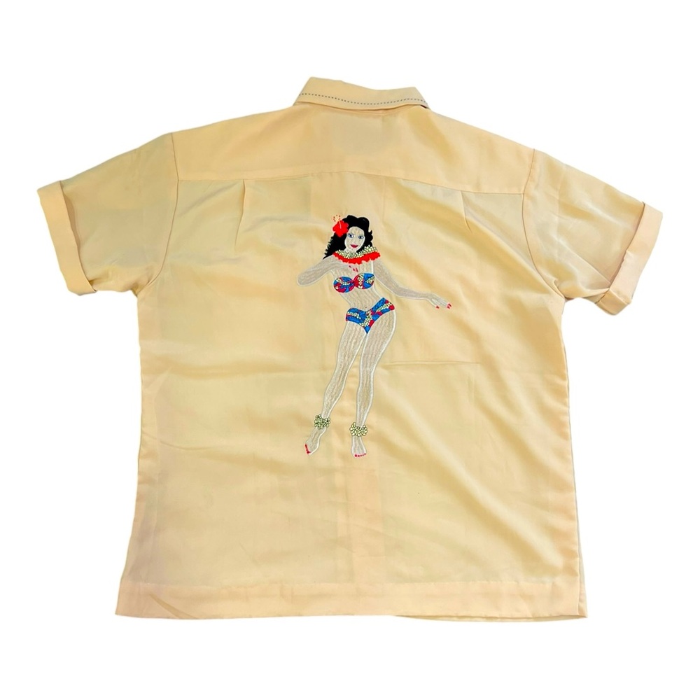 NWT Dragonfly Clothing Company Shirt Men’s Size L Peach Hula Girl Embroidered